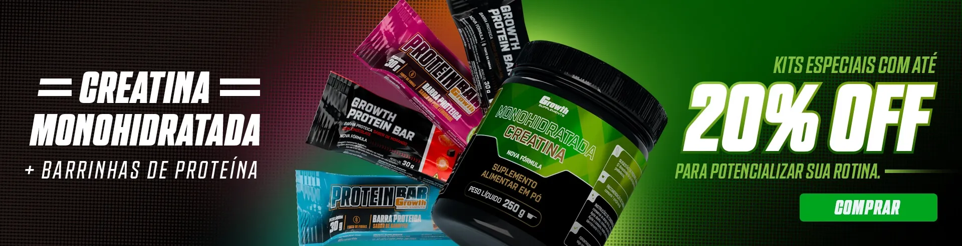 Creatina Monohidratada + Barrinhas de proteina - Growth Supplements