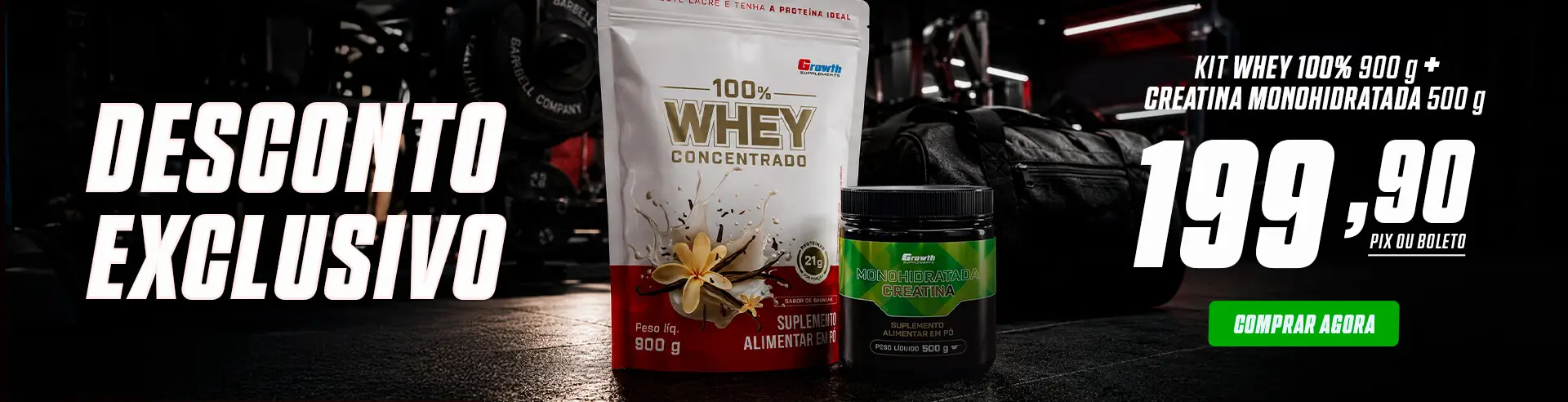 KIT 100% WHEY PROTEIN CONCENTRADO 900G E CREATINA MONOHIDRATADA 500G - Growth Supplements