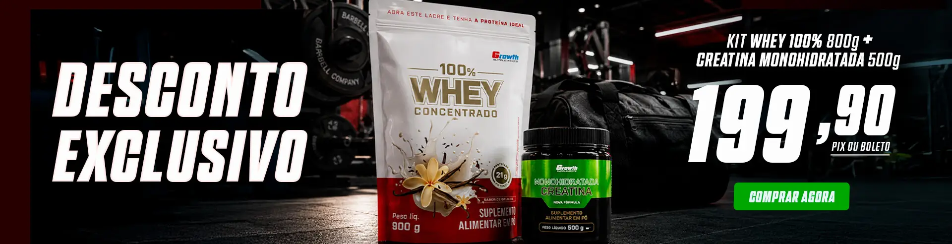 KIT 100% WHEY PROTEIN CONCENTRADO 900G E CREATINA MONOHIDRATADA 500G - Growth Supplements