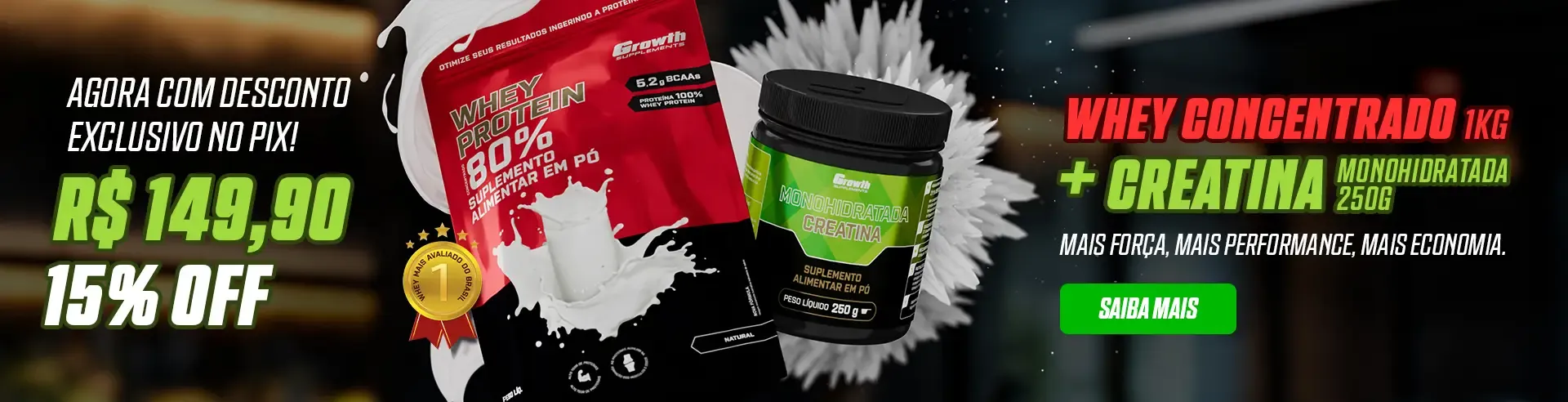 Kit Whey Protein Concentrado e Creatina Monohidratada com desconto - Suplementos alimentares na Growth Supplements!