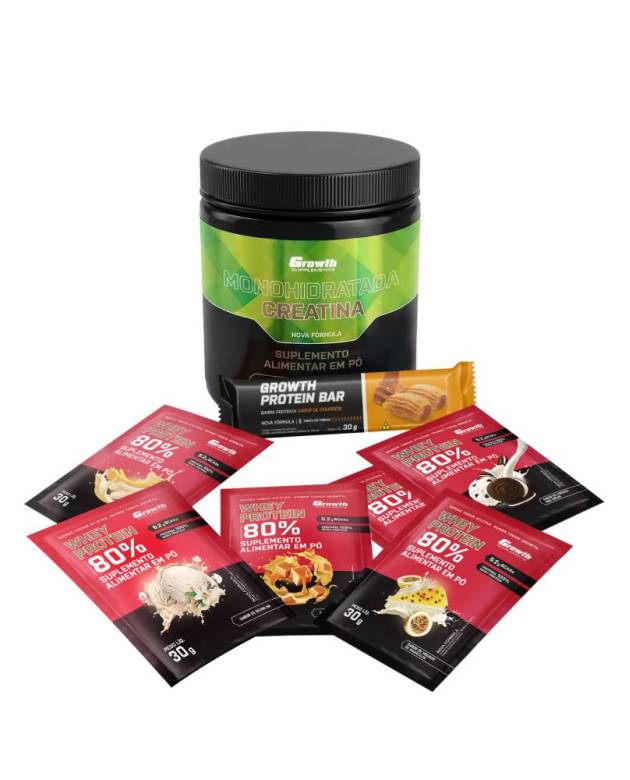 Kit Sabores: Barra de Proteína 30g Display C/ 12 UN + Creatina Monohidratada 250Gr + Dose 30Gr Whey Protein Concentrado 80% - Chocolate C/ Amendoim + Banana + Caramelo + Mousse De Maracujá + Cookies + Baunilha