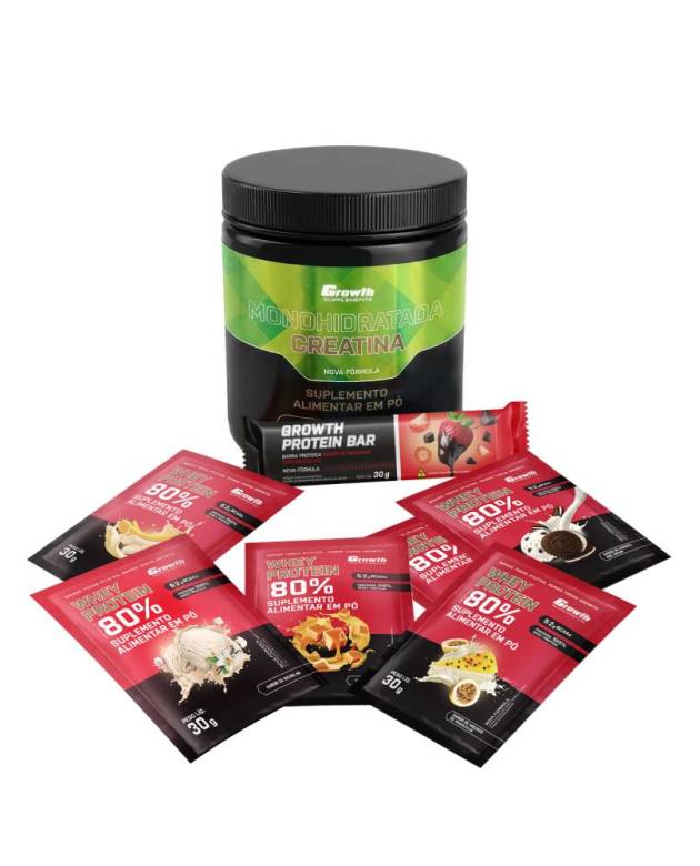 Kit Sabores: Barra de Proteína 30g Display C/ 12 UN + Creatina Monohidratada 250Gr + Dose 30Gr Whey Protein Concentrado 80% - Chocolate C/ Amendoim + Banana + Caramelo + Mousse De Maracujá + Cookies + Baunilha