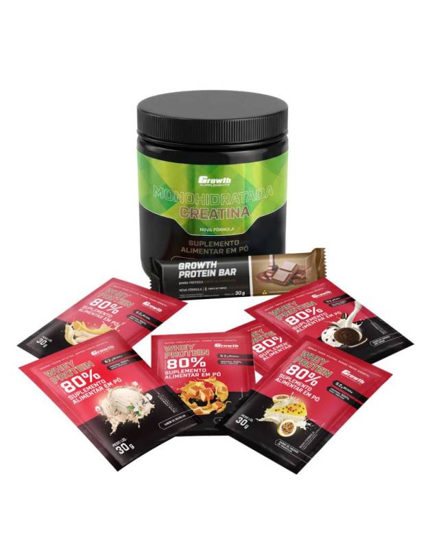 Kit Sabores: Barra de Proteína 30g Display C/ 12 UN + Creatina Monohidratada 250Gr + Dose 30Gr Whey Protein Concentrado 80% - Chocolate C/ Amendoim + Banana + Caramelo + Mousse De Maracujá + Cookies + Baunilha