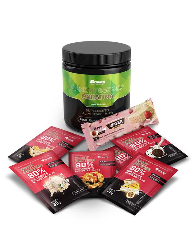 Kit Sabores: Barra Wafer + Creatina Monohidratada 250Gr + Dose 30Gr Whey Protein Concentrado 80% - Chocolate Com Amendoim + Banana + Caramelo + Mousse De Maracujá + Cookies + Baunilha