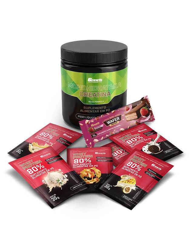 Kit Sabores: Barra Wafer + Creatina Monohidratada 250Gr + Dose 30Gr Whey Protein Concentrado 80% - Chocolate Com Amendoim + Banana + Caramelo + Mousse De Maracujá + Cookies + Baunilha