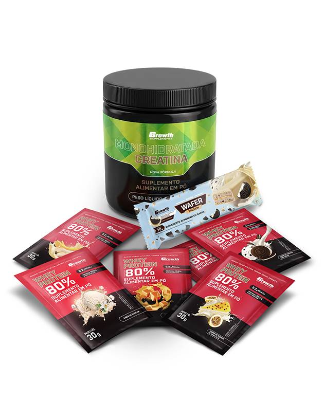 Kit Sabores: Barra Wafer + Creatina Monohidratada 250Gr + Dose 30Gr Whey Protein Concentrado 80% - Chocolate Com Amendoim + Banana + Caramelo + Mousse De Maracujá + Cookies + Baunilha