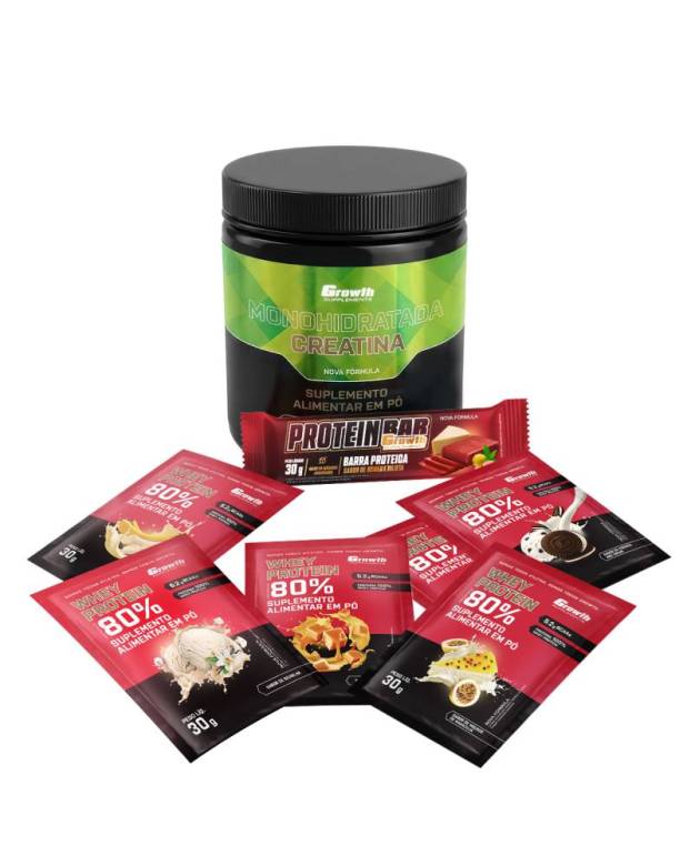 Kit Sabores: Protein Bar 30g Display C/ 12 UN + Creatina Monohidratada 250Gr + Dose 30Gr Whey Protein Concentrado 80% - Chocolate C/ Amendoim + Banana + Caramelo + Mousse De Maracujá + Cookies + Baunilha
