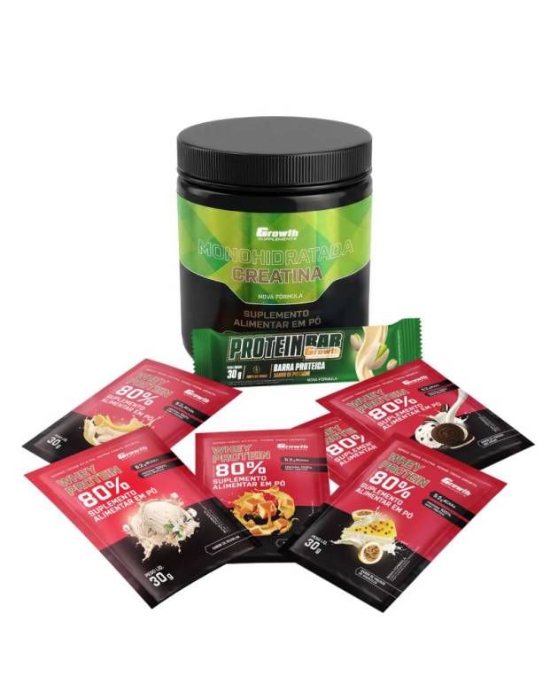 Kit Sabores: Protein Bar 30g Display C/ 12 UN + Creatina Monohidratada 250Gr + Dose 30Gr Whey Protein Concentrado 80% - Chocolate C/ Amendoim + Banana + Caramelo + Mousse De Maracujá + Cookies + Baunilha