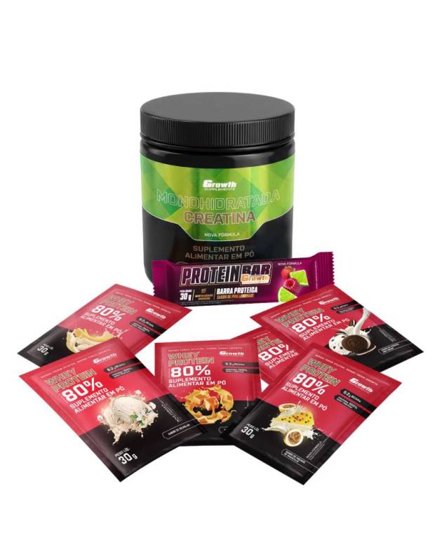 Kit Sabores: Protein Bar 30g Display C/ 12 UN + Creatina Monohidratada 250Gr + Dose 30Gr Whey Protein Concentrado 80% - Chocolate C/ Amendoim + Banana + Caramelo + Mousse De Maracujá + Cookies + Baunilha