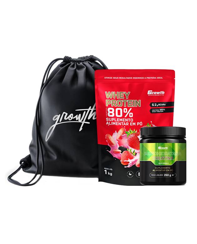 Kit Whey Protein Concentrado 1kg, Creatina Monohidratada 250g, Sacola tipo mochila preta