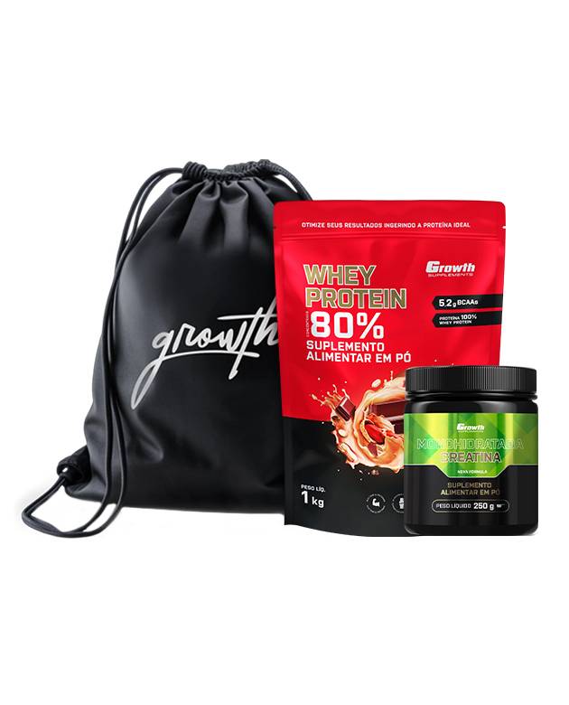 Kit Whey Protein Concentrado 1kg, Creatina Monohidratada 250g, Sacola tipo mochila preta