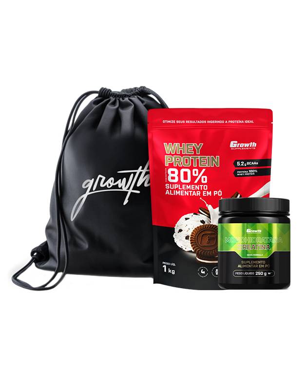 Kit Whey Protein Concentrado 1kg, Creatina Monohidratada 250g, Sacola tipo mochila preta