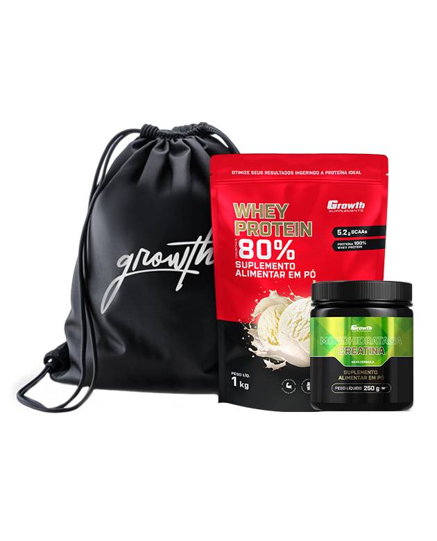 Kit Whey Protein Concentrado 1kg, Creatina Monohidratada 250g, Sacola tipo mochila preta