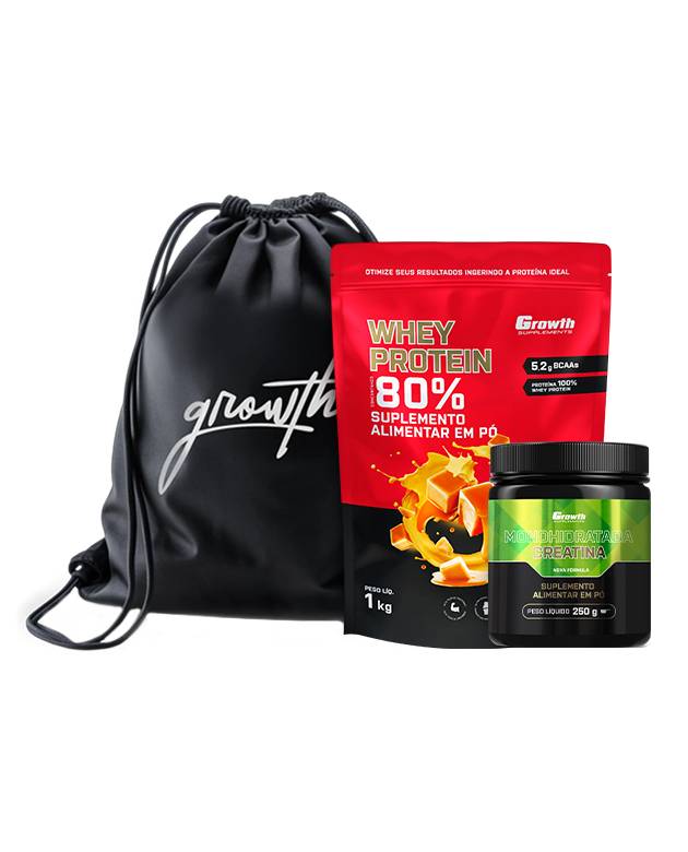 Kit Whey Protein Concentrado 1kg, Creatina Monohidratada 250g, Sacola tipo mochila preta