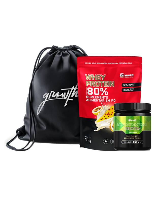 Kit Whey Protein Concentrado 1kg, Creatina Monohidratada 250g, Sacola tipo mochila preta