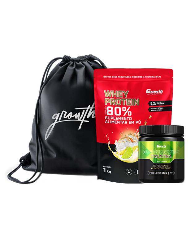 Kit Whey Protein Concentrado 1kg, Creatina Monohidratada 250g, Sacola tipo mochila preta