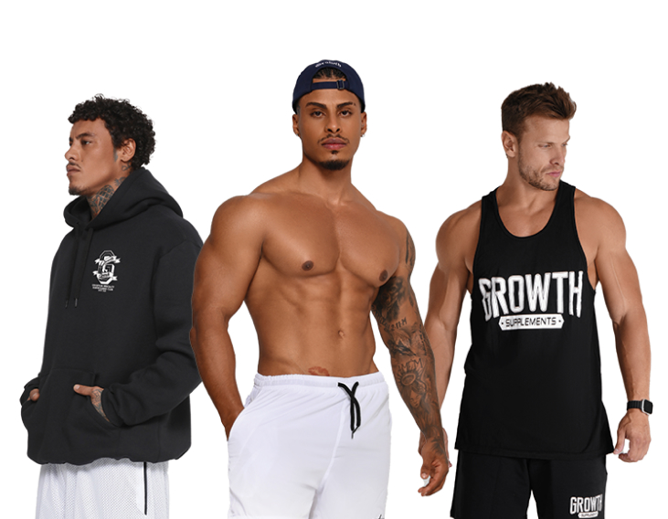 Modelos masculinos vestindo as roupas da Growth Supplements
